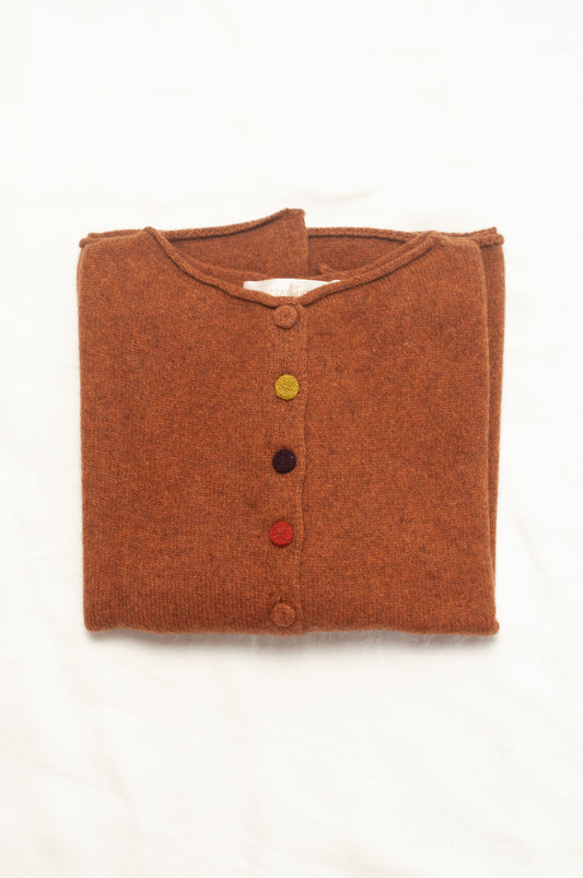 One size reversible baby yak wool cardigan in rust brown.