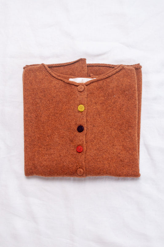 One size reversible baby yak wool cardigan in rust brown.