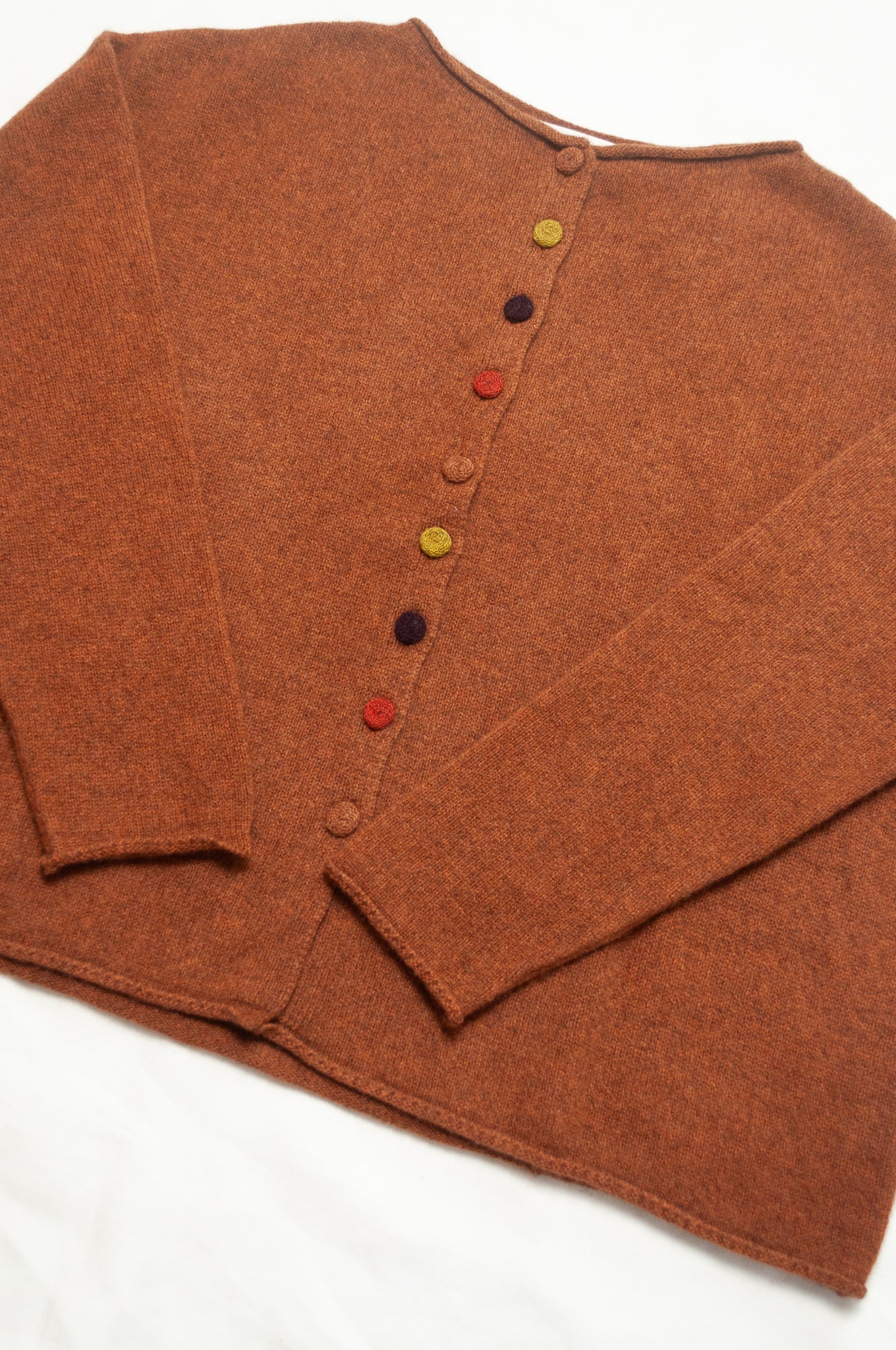 One size reversible baby yak wool cardigan in rust brown.