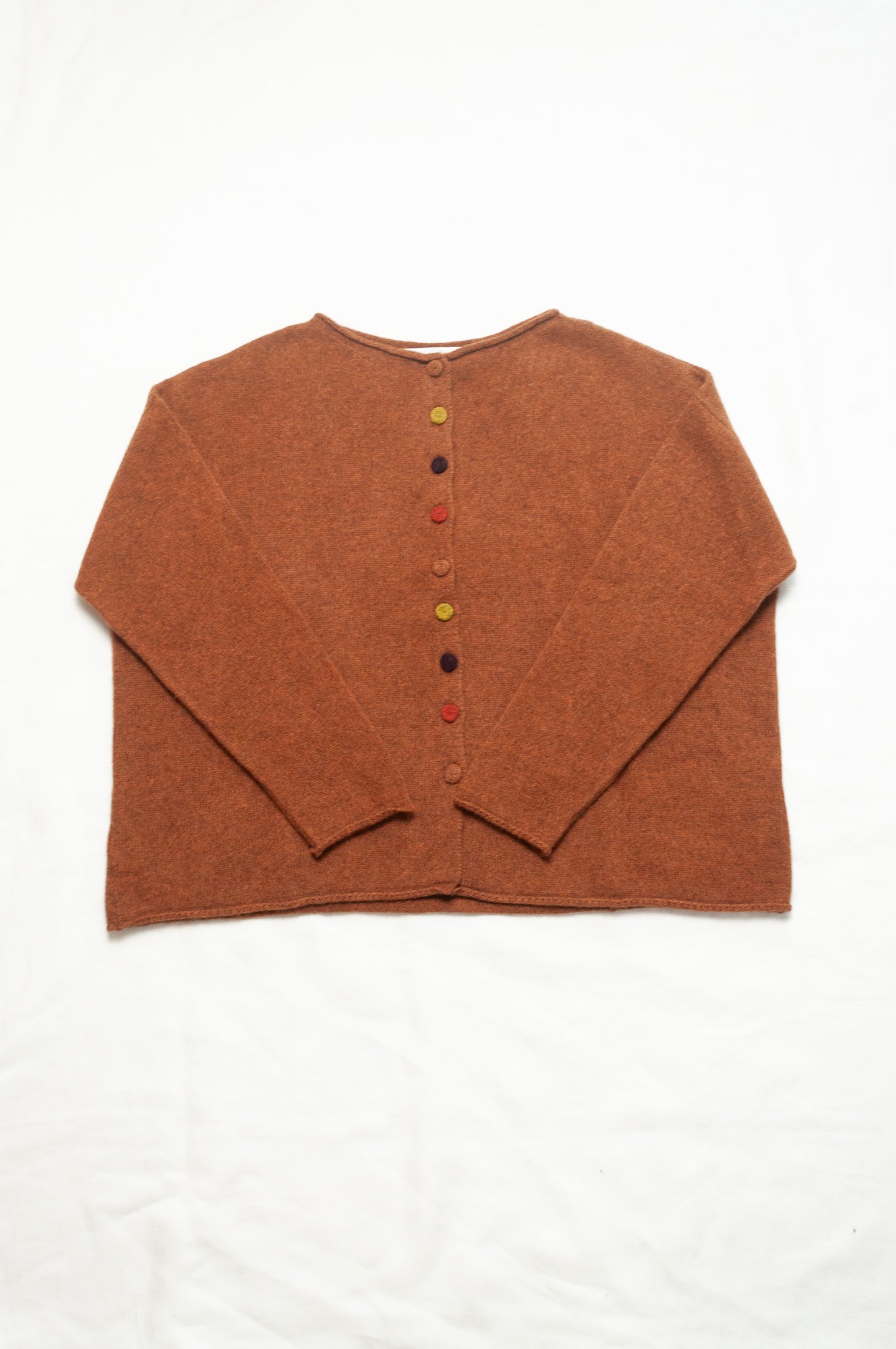 One size reversible baby yak wool cardigan in rust brown.