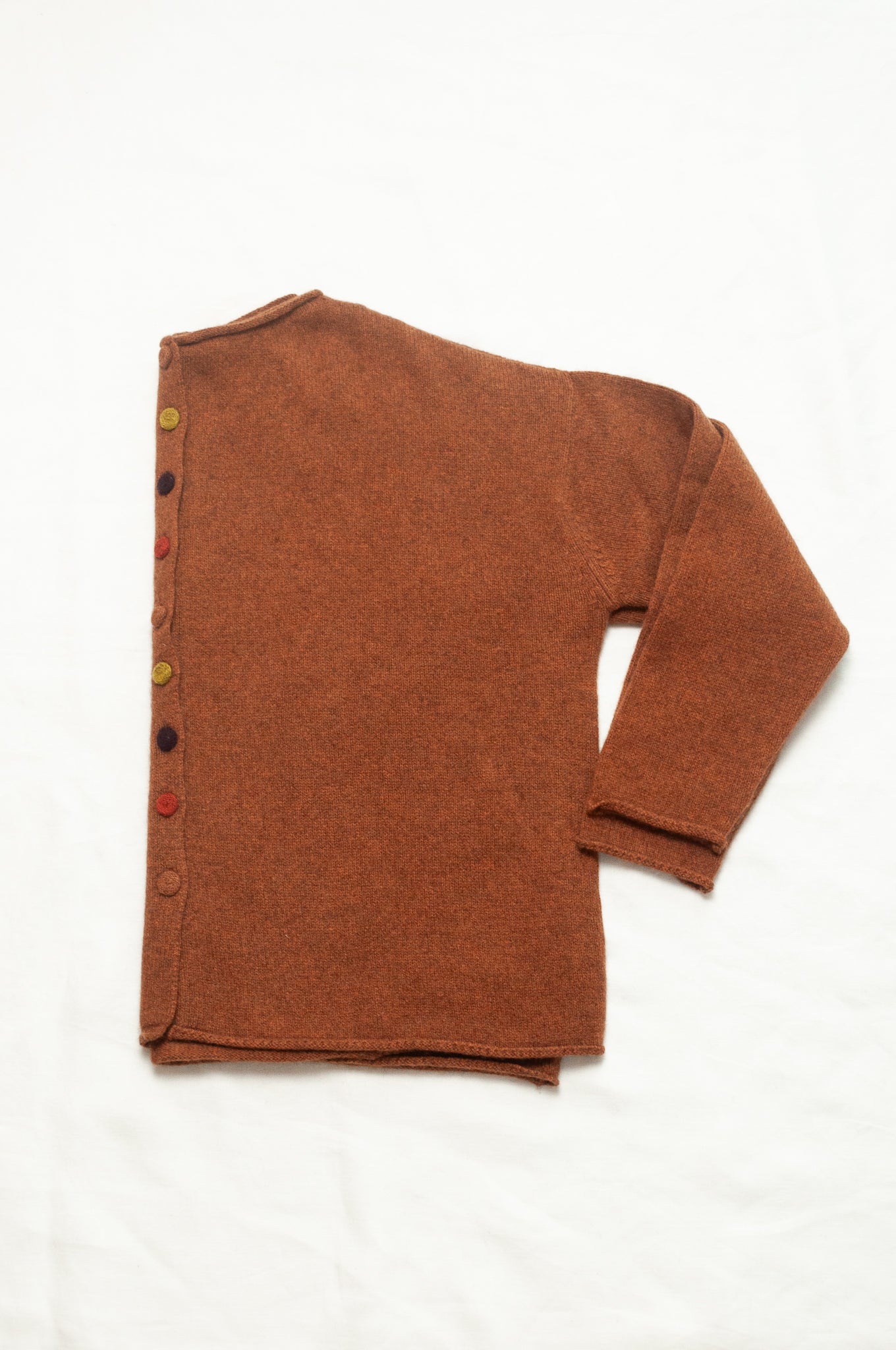 One size reversible baby yak wool cardigan in rust brown.