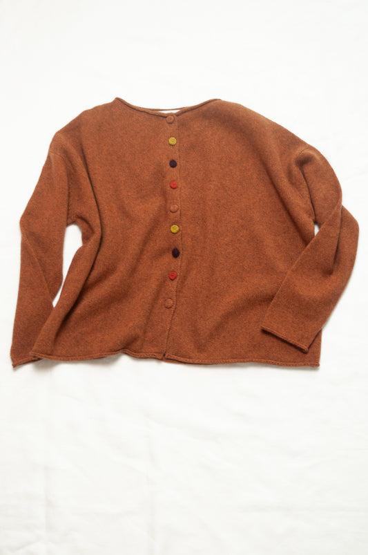 One size reversible baby yak wool cardigan in rust brown.