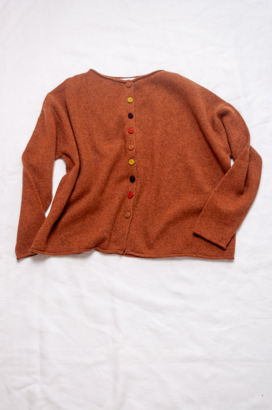 One size reversible baby yak wool cardigan in rust brown.