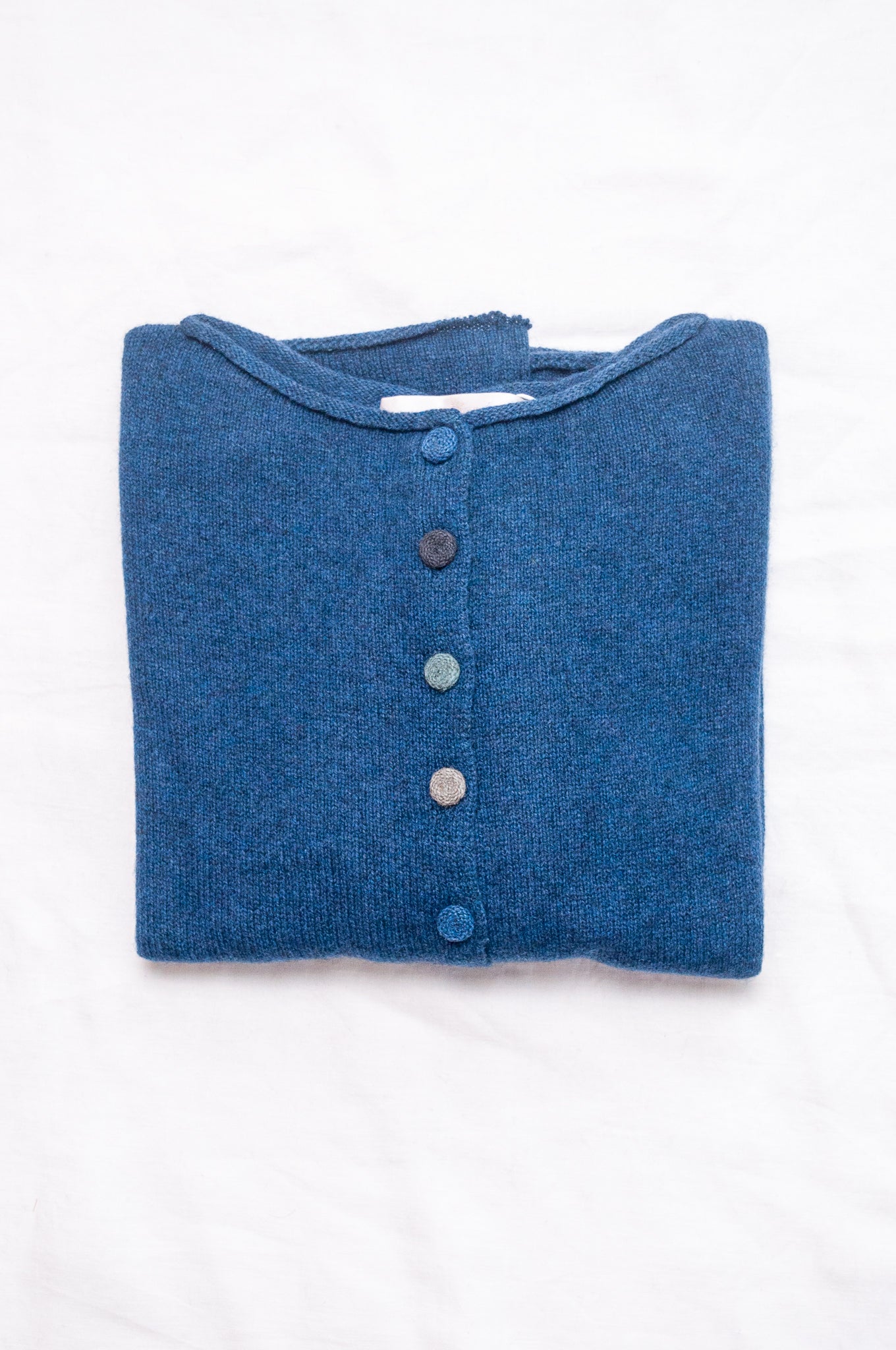 Baby yak wool one size reversible cardigan sweater in sapphire blue.