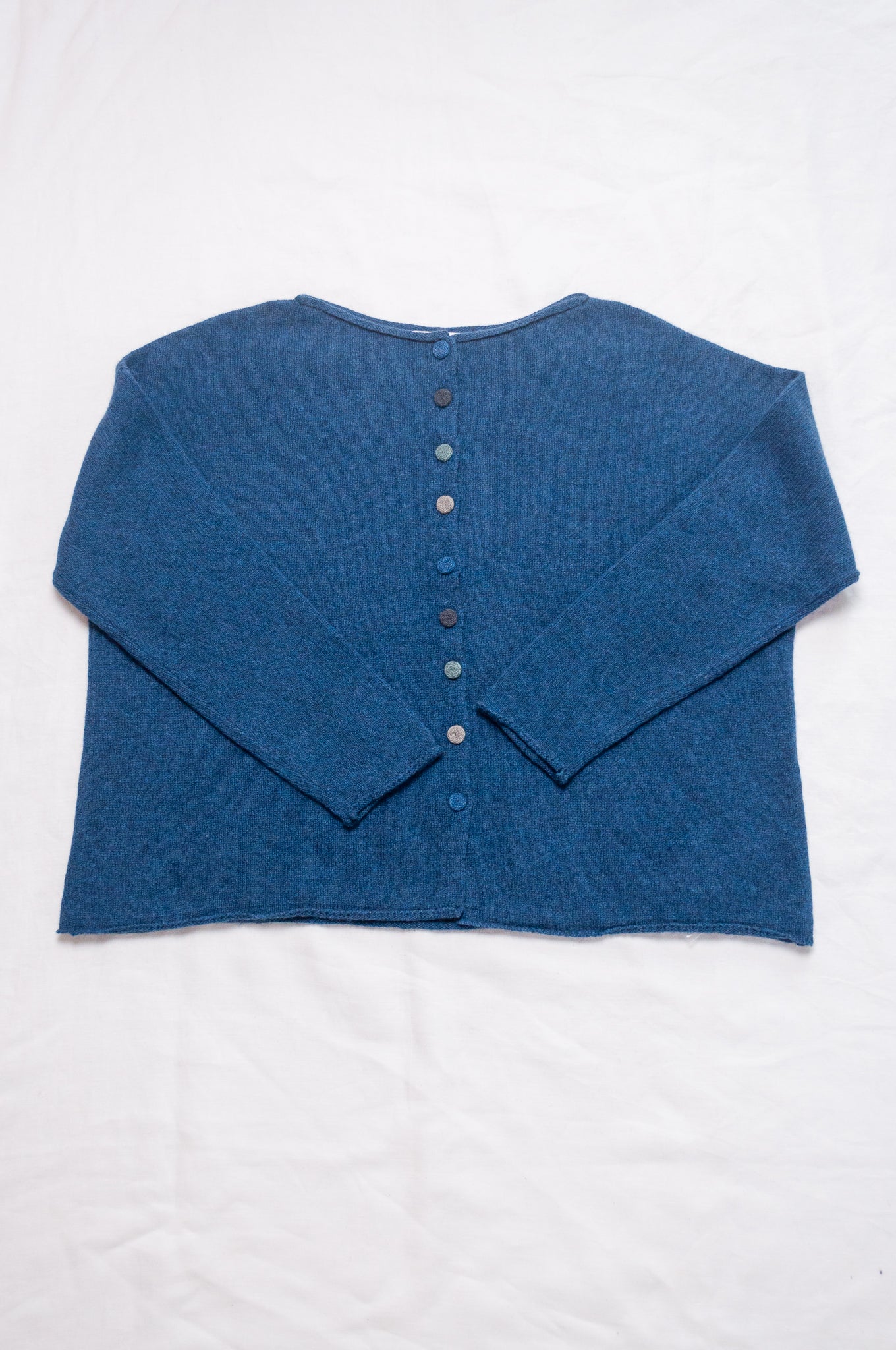 Baby yak wool one size reversible cardigan sweater in sapphire blue.