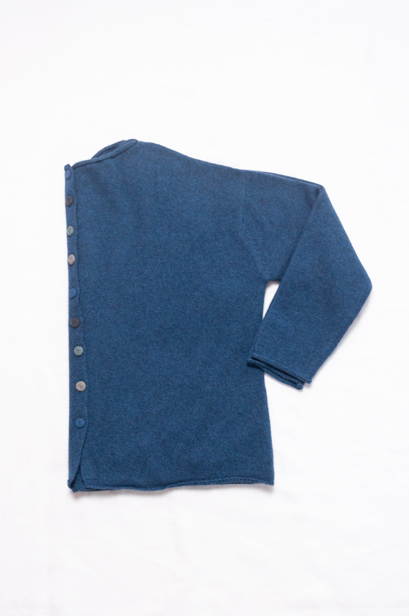 Baby yak wool one size reversible cardigan sweater in sapphire blue.