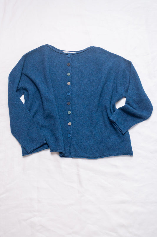 Baby yak wool one size reversible cardigan sweater in sapphire blue.