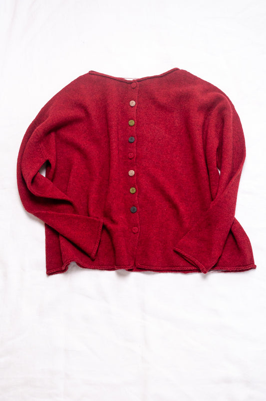 Baby yak one size reversible cardigan sweater with hand embroidered buttons in cherry red.