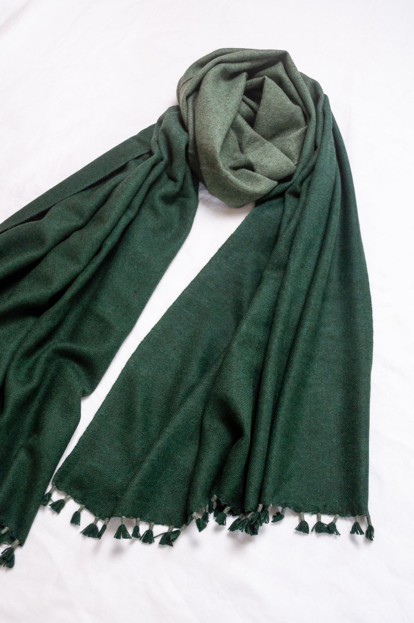 Handwoven ombre dye baby yak wool shawl scarf in hunter green.