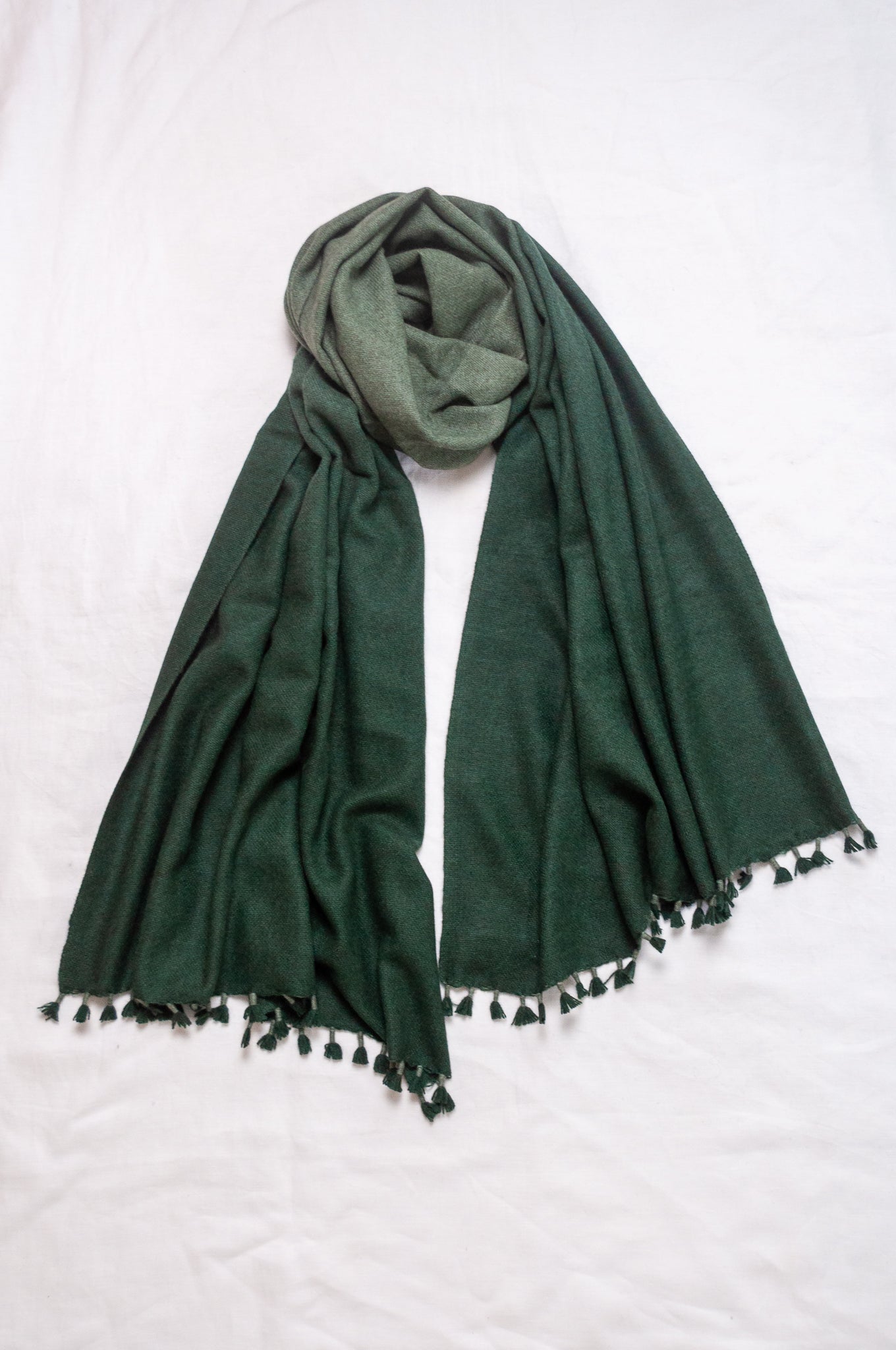 Handwoven ombre dye baby yak wool shawl scarf in hunter green.