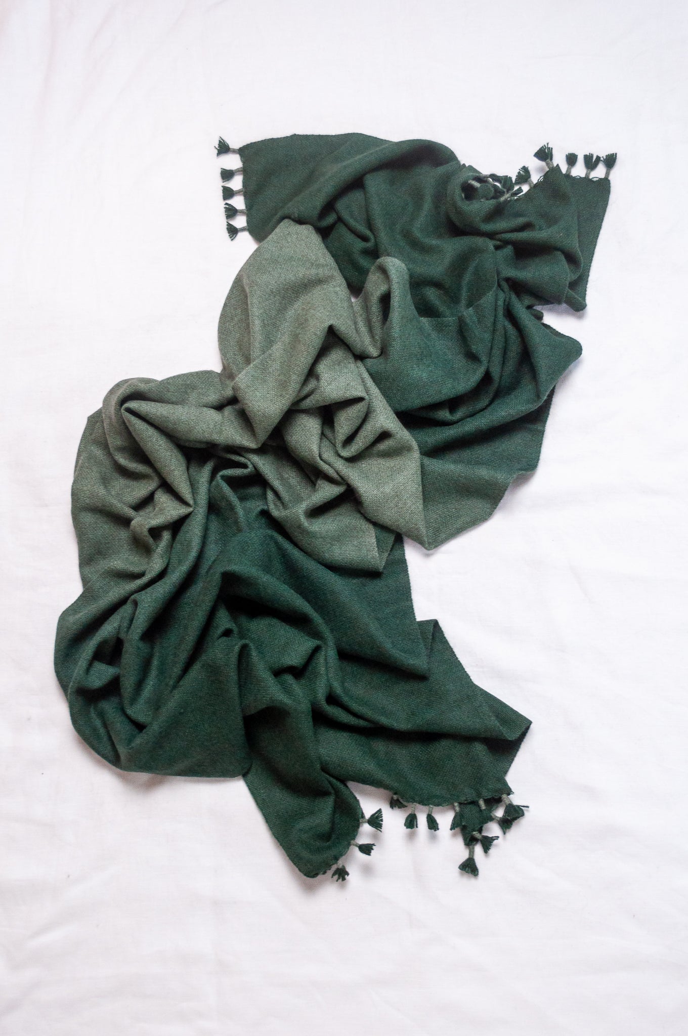 Handwoven ombre dye baby yak wool shawl scarf in hunter green.