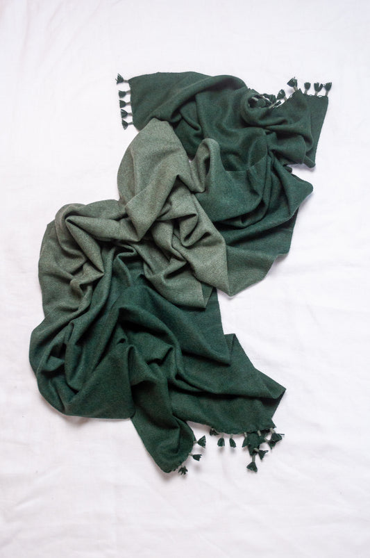 Handwoven ombre dye baby yak wool shawl scarf in hunter green.