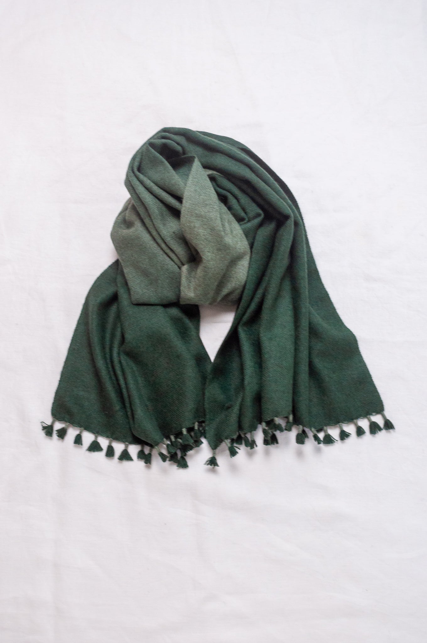 Handwoven ombre dye baby yak wool shawl scarf in hunter green.