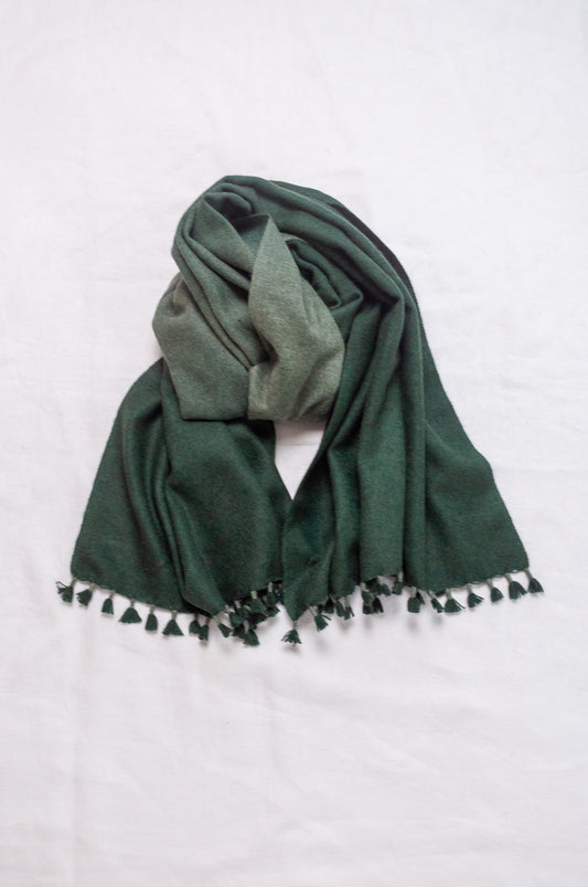 Handwoven ombre dye baby yak wool shawl scarf in hunter green.