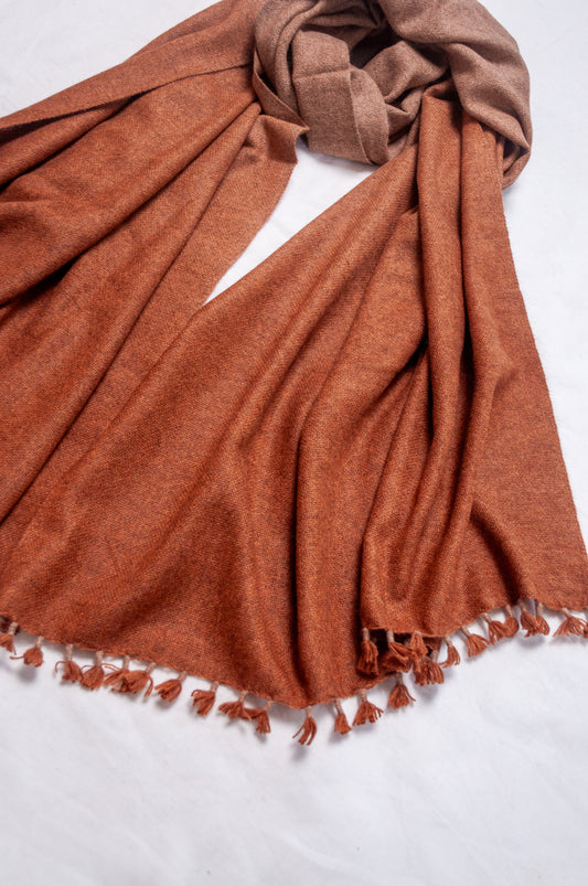 Handwoven ombre dye baby yak wool shawl scarf in rust brown.