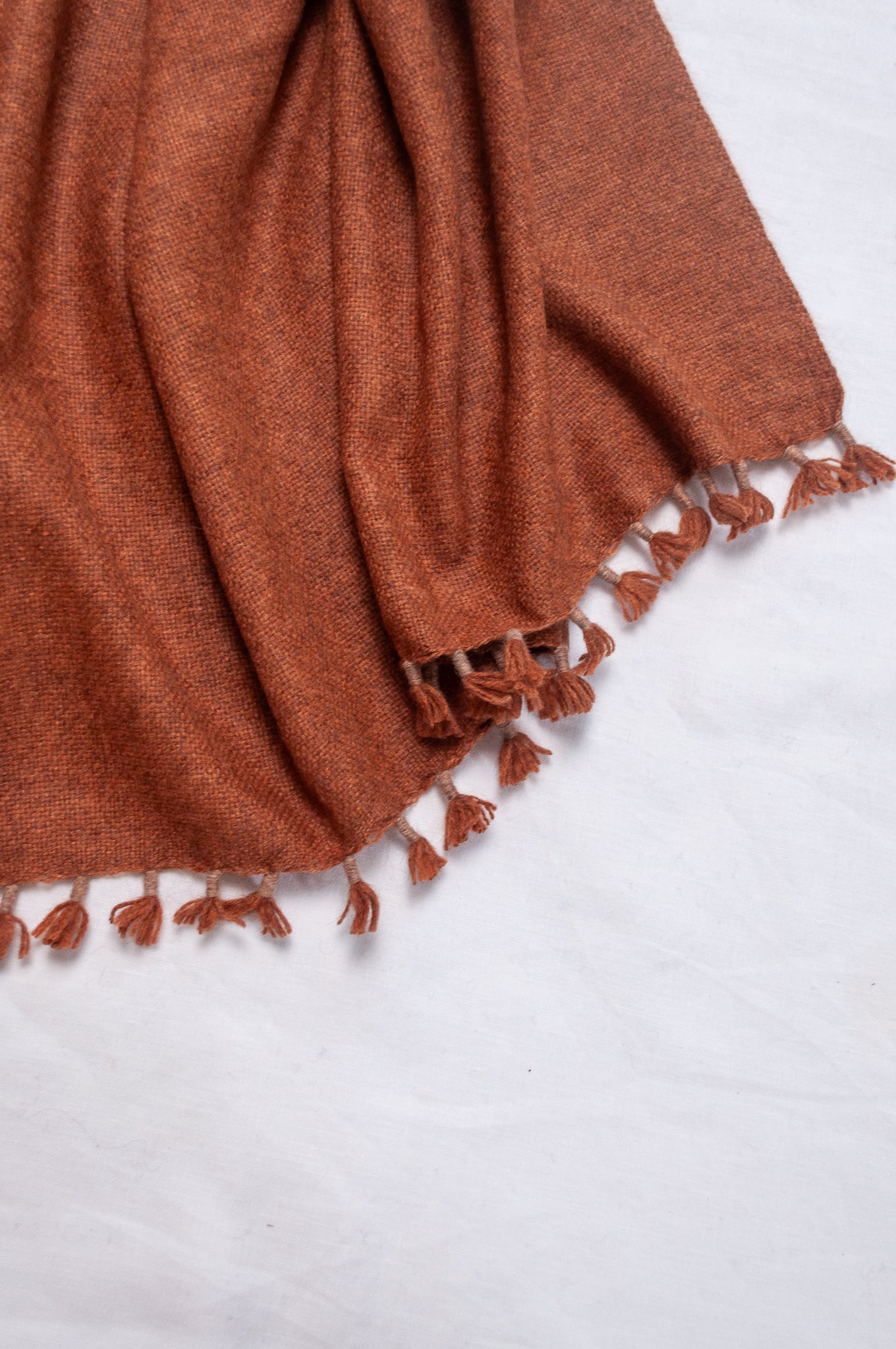 Handwoven ombre dye baby yak wool shawl scarf in rust brown.
