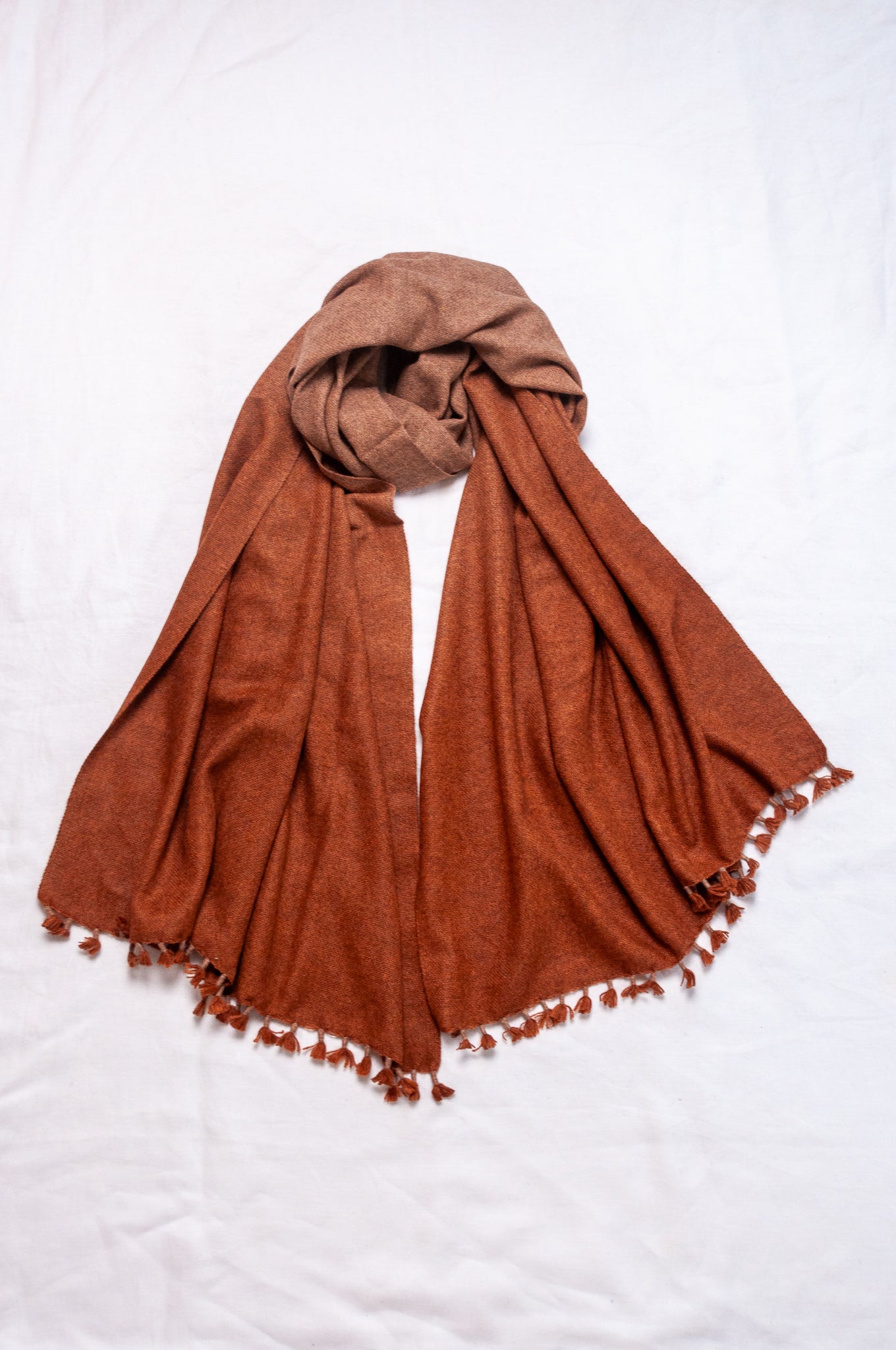 Handwoven ombre dye baby yak wool shawl scarf in rust brown.