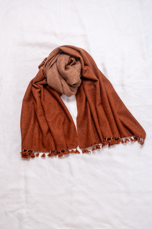 Handwoven ombre dye baby yak wool shawl scarf in rust brown.