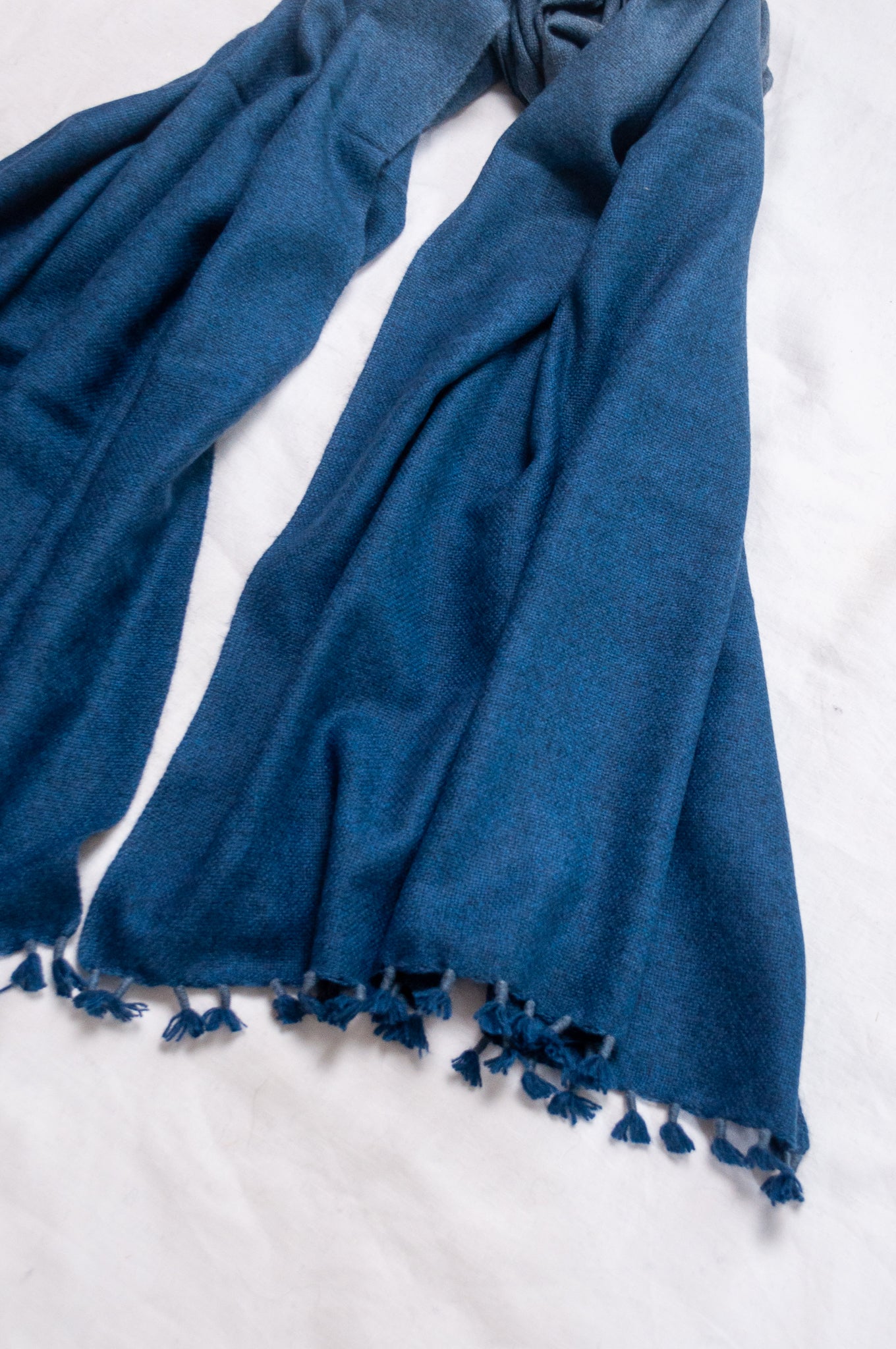 Handwoven ombre dye baby yak wool shawl scarf in sapphire blue.