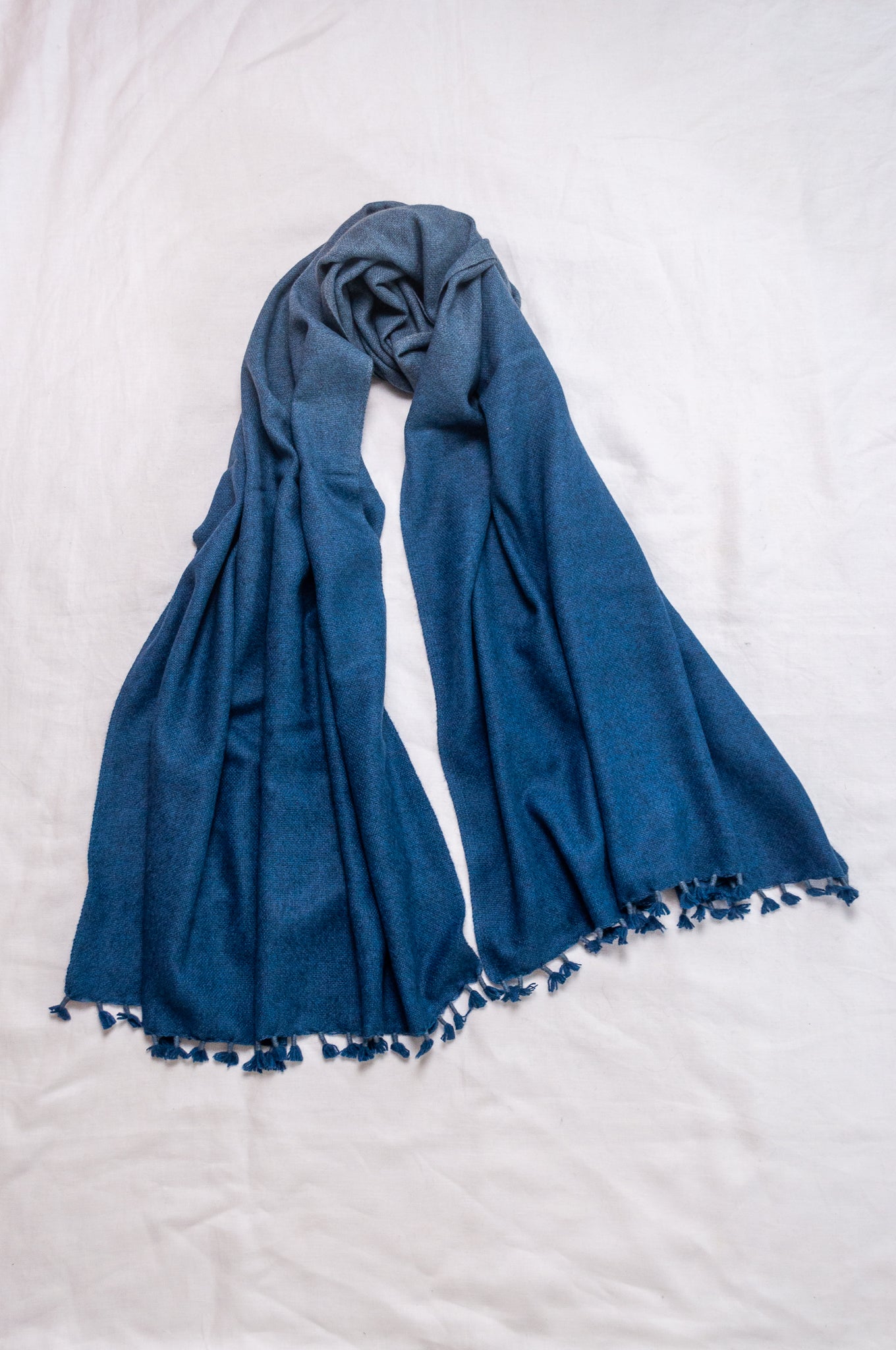 Handwoven ombre dye baby yak wool shawl scarf in sapphire blue.