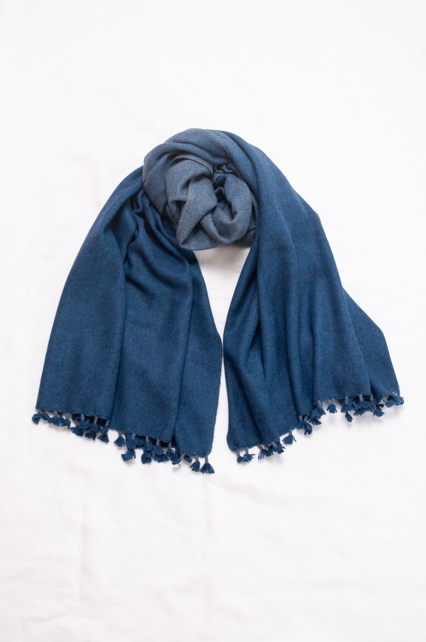 Handwoven ombre dye baby yak wool shawl scarf in sapphire blue.