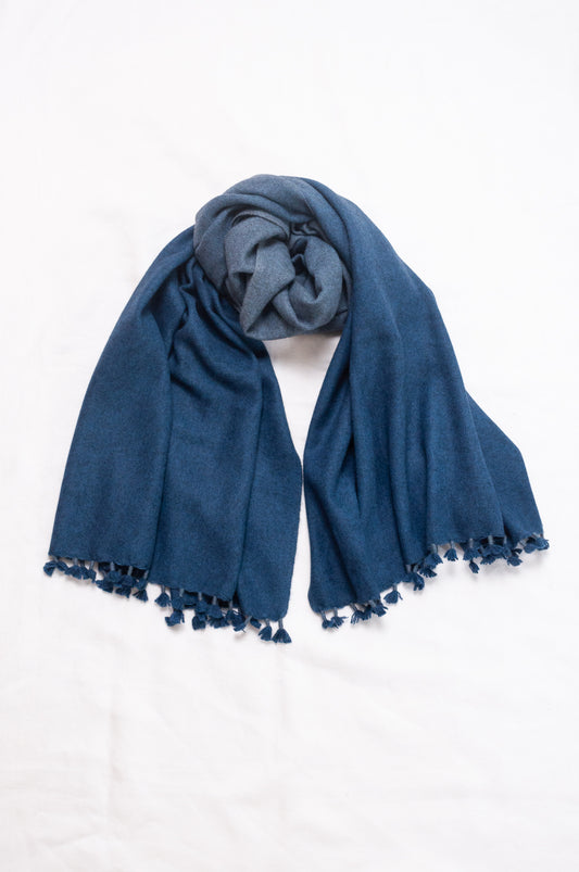 Handwoven ombre dye baby yak wool shawl scarf in sapphire blue.
