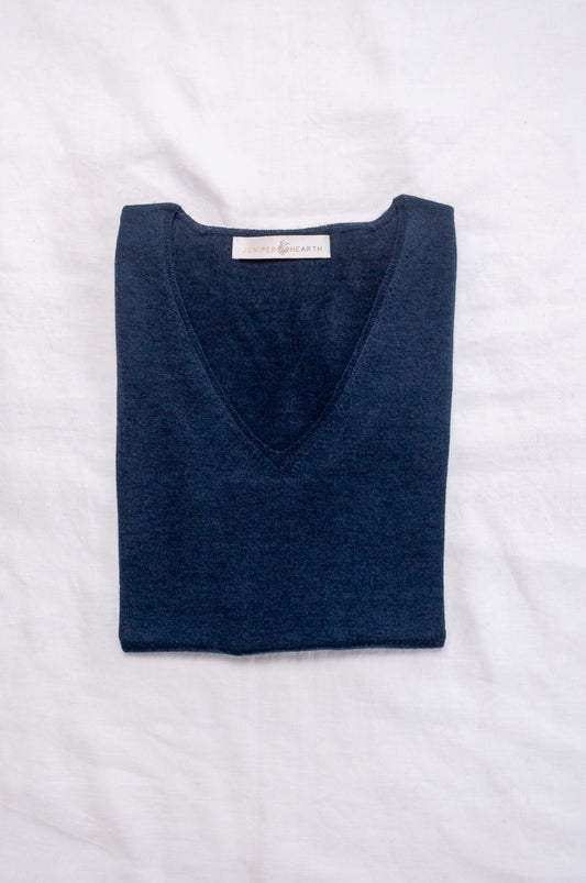 Lightweight pure cashmere sweater skin base layer in night sky dark navy blue.