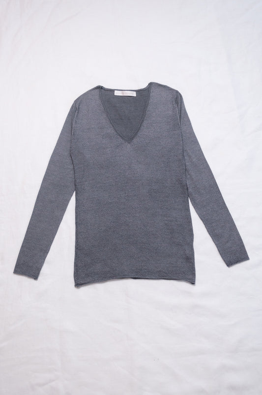 Lightweight pure cashmere sweater skin base layer in dark charcoal grey.