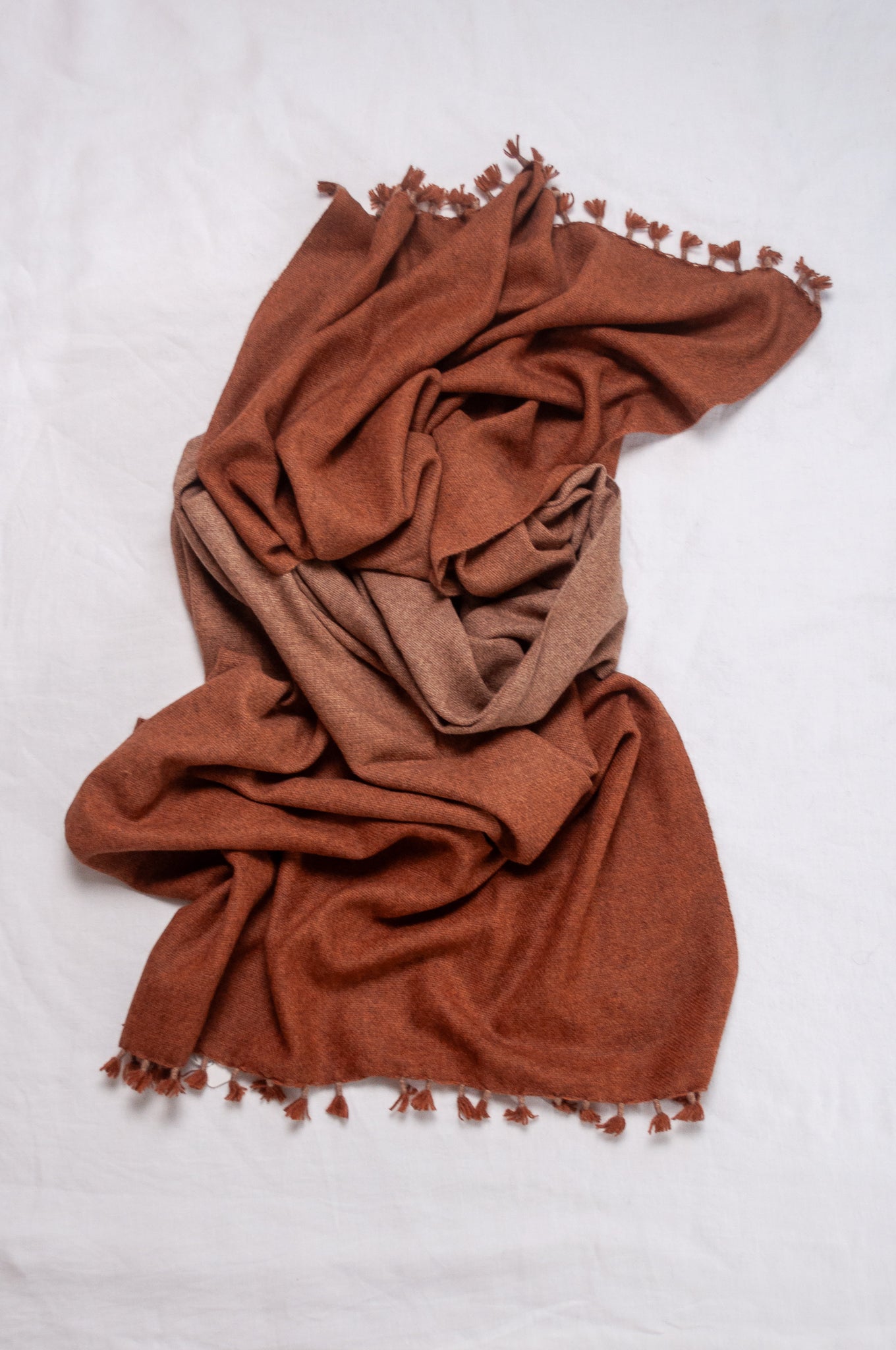 Handwoven ombre dye baby yak wool shawl scarf in rust brown.