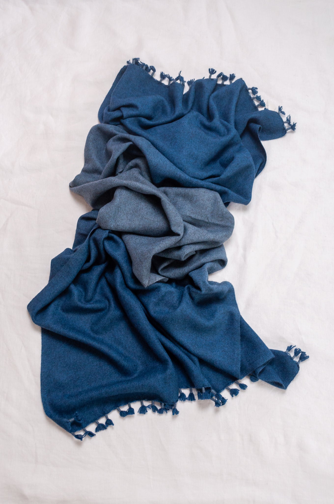 Handwoven ombre dye baby yak wool shawl scarf in sapphire blue.
