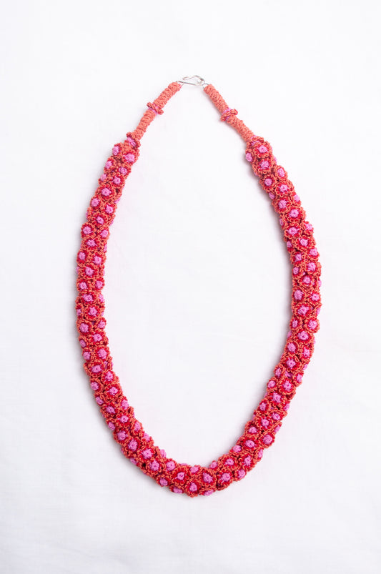 Moroccan button Latifa necklace in rose pink button flowers.