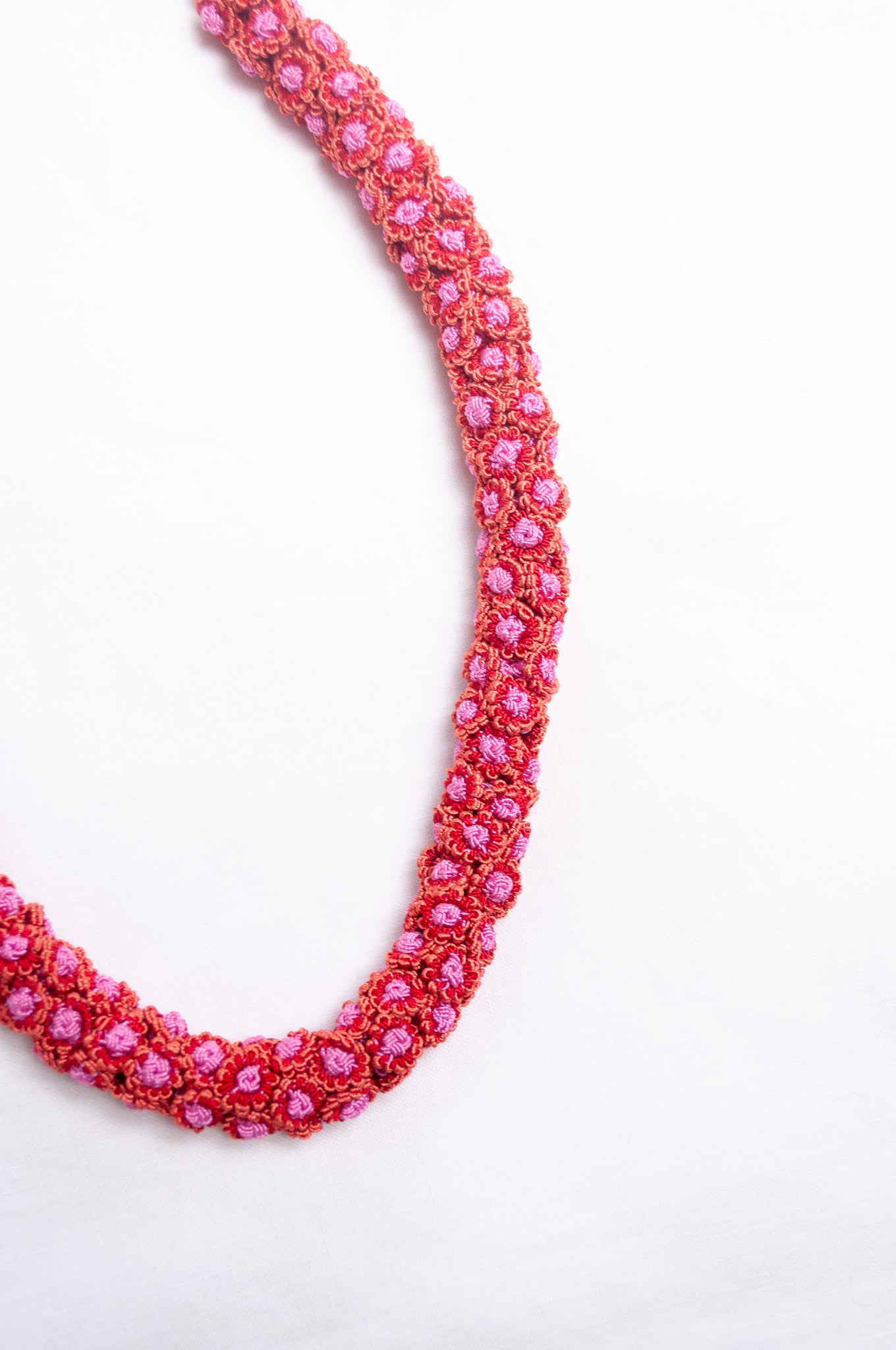 Moroccan button Latifa necklace in rose pink button flowers.