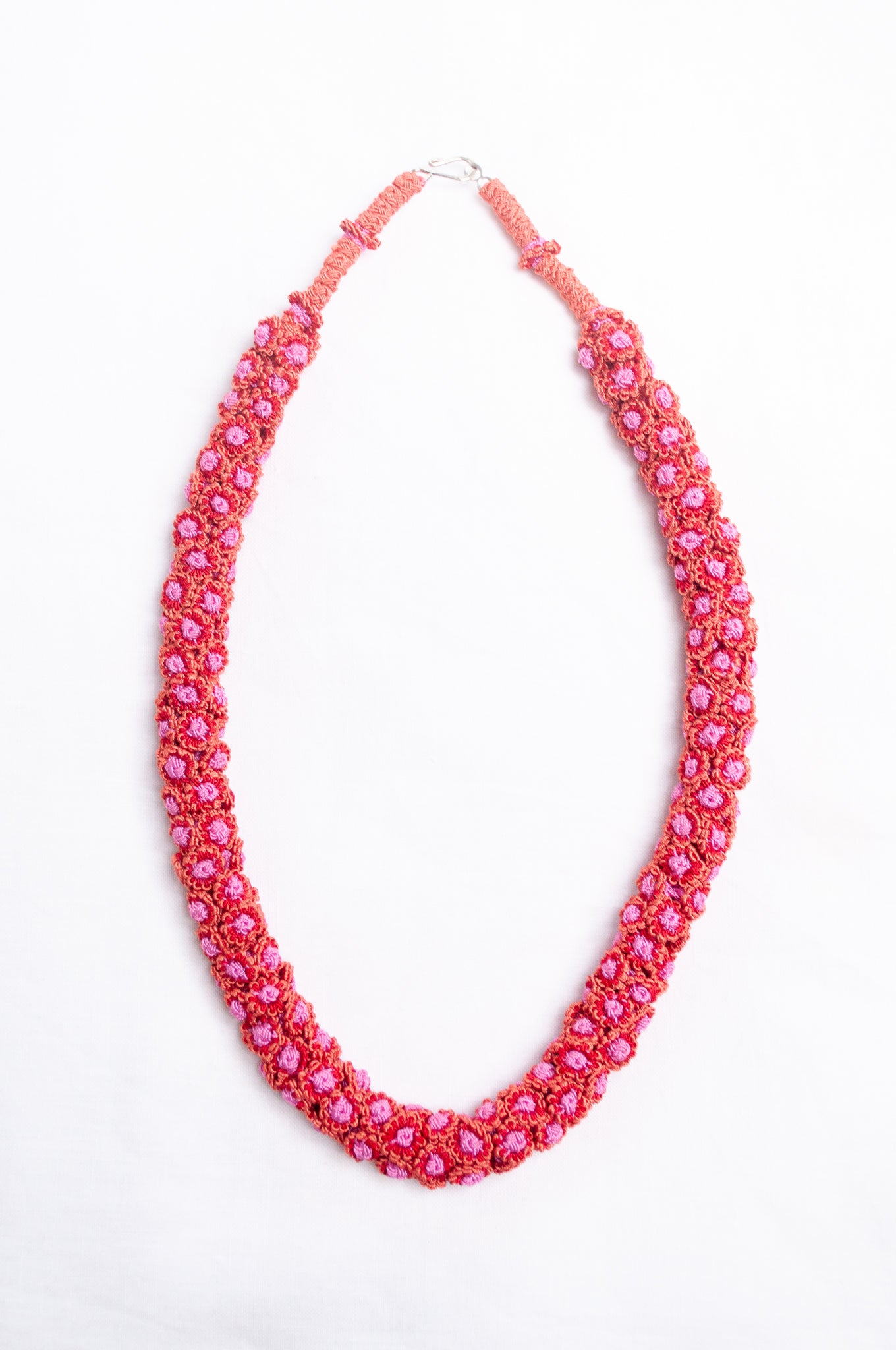 Moroccan button Latifa necklace in rose pink button flowers.