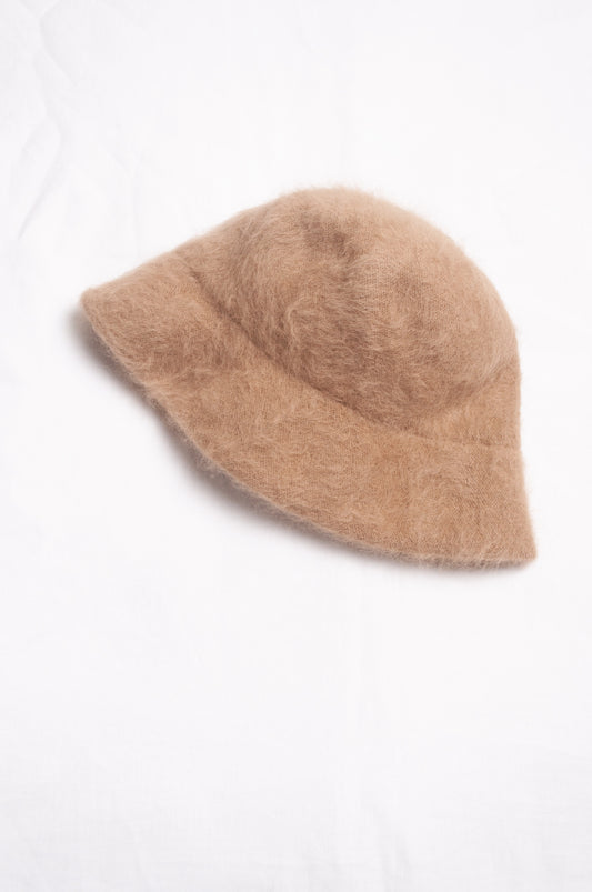 Parcnique PCNQ Bell cloche hat in angora wool blend with ribbon ties in camel beige.