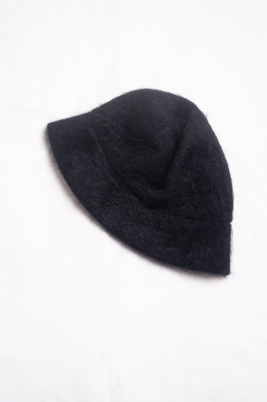 Parcnique PCNQ Bell cloche hat in angora wool blend with ribbon ties in black.
