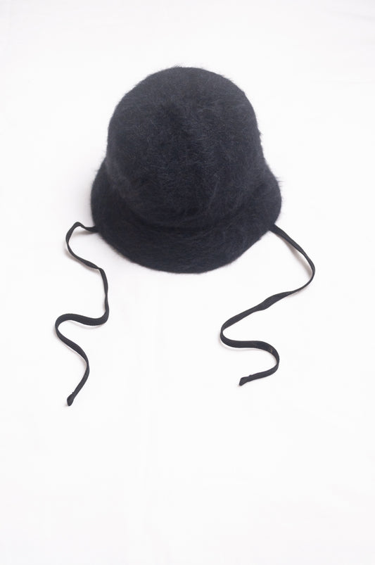 Parcnique PCNQ Bell cloche hat in angora wool blend with ribbon ties in black.
