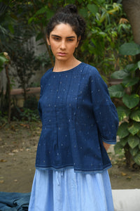 DVE Mayra blouse one size pin tuck jamdani cotton indigo.