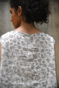DVE Aishani one size sleeveless boxy fit linen top, blockprinted on ecru.