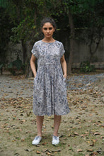 Load image into Gallery viewer, DVE light grey cotton blockprint Rayna dress, cap sleeves, gathered skirt.