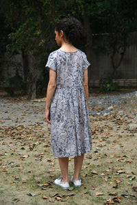 DVE light grey cotton blockprint Rayna dress, cap sleeves, gathered skirt.