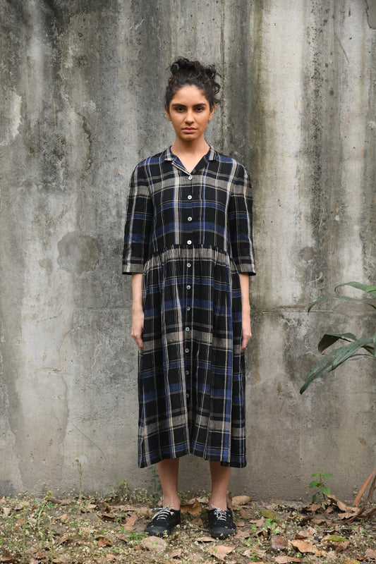 DVE indigo and black plaid linen button up shirt dress, Tara.