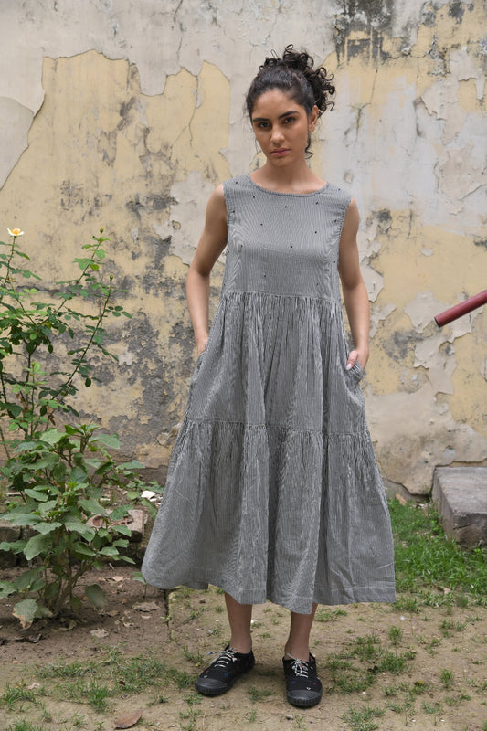 DVE fine black and white stripe silk cotton tiered sleeveless dress.