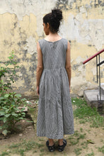 Load image into Gallery viewer, DVE fine black and white stripe silk cotton tiered sleeveless dress.