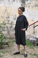 Load image into Gallery viewer, DVE Erina dress in black linen, button up tunic style, dropped shoulder with gathered sleeves.