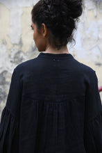 Load image into Gallery viewer, DVE Erina dress in black linen, button up tunic style, dropped shoulder with gathered sleeves.