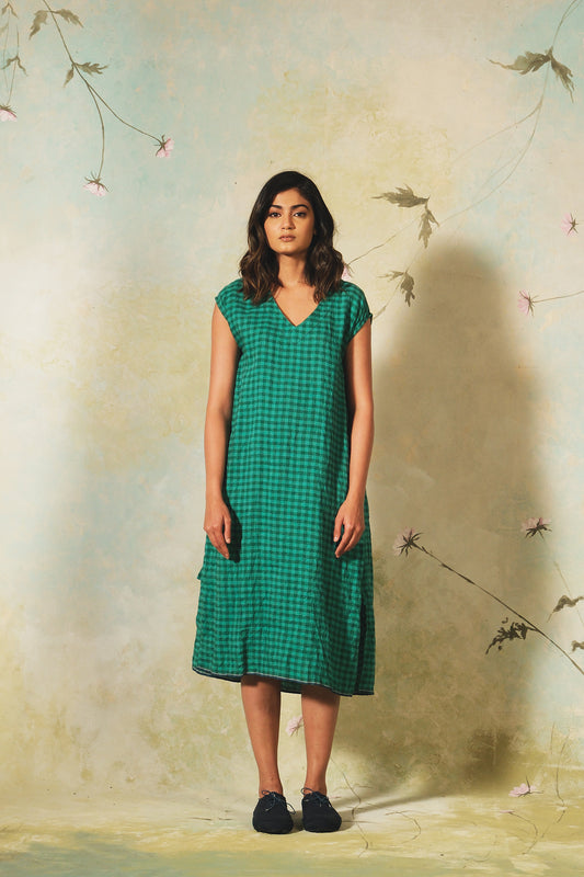 Dve emerald linen check Aparna dress.