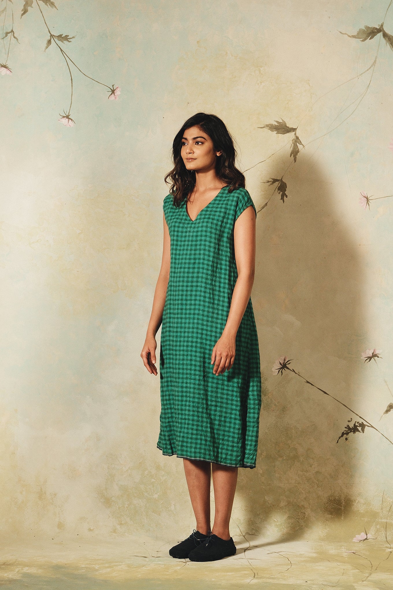 Dve emerald linen check Aparna dress.