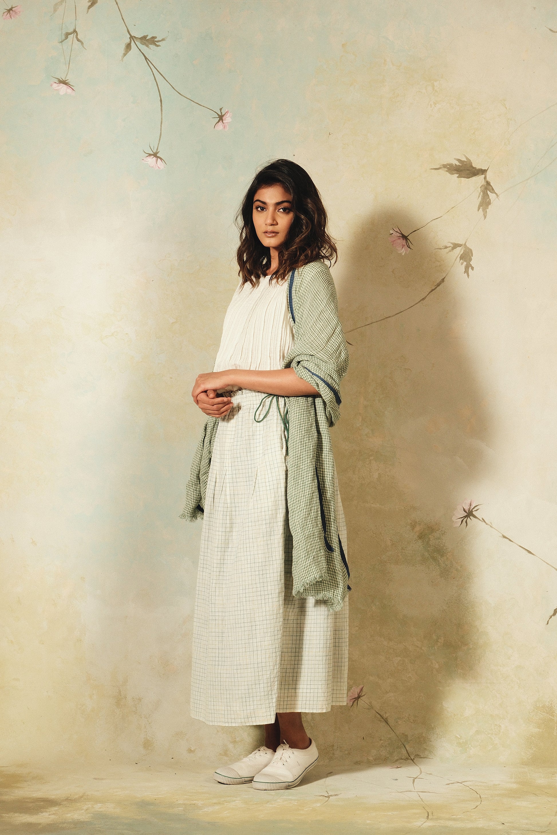 DVE handloom linen scarf in emerald green and white check.