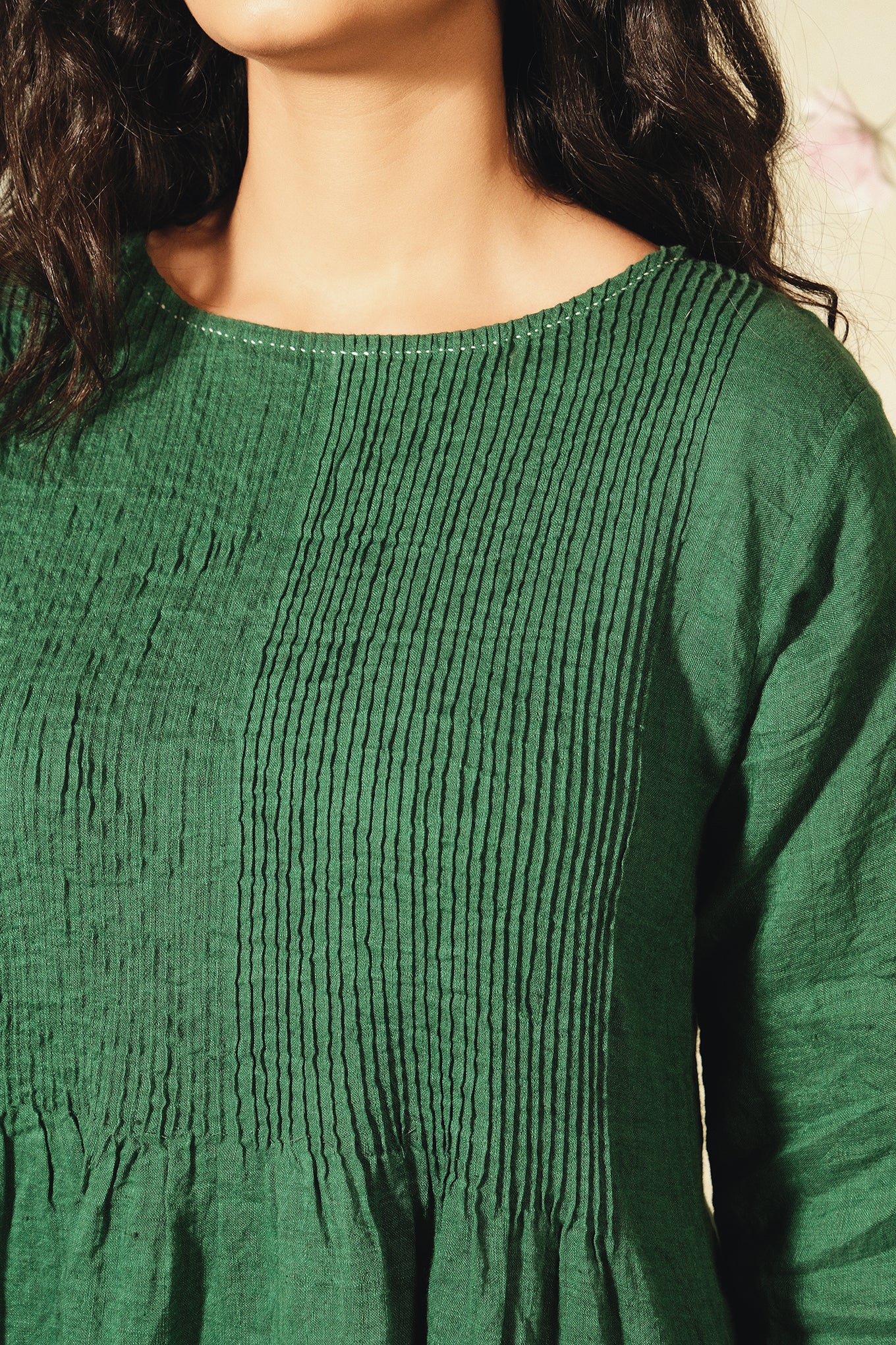 Dve emerald green linen Raka dress -pintucked bodice details.