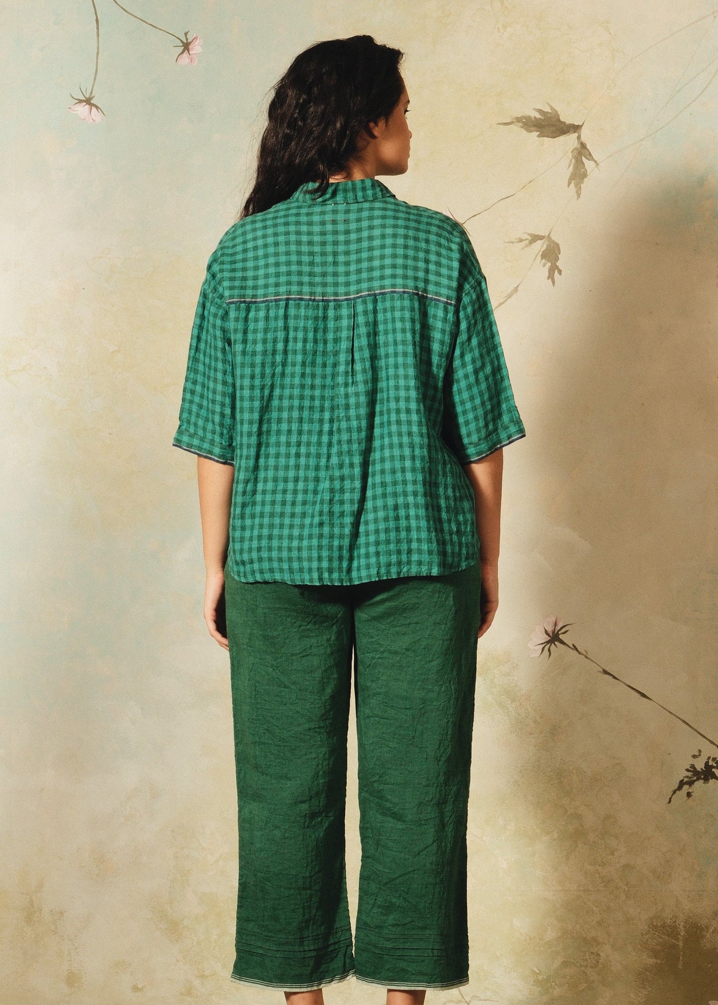 Dve Padmini emerald green check linen button up boxy collared shirt.